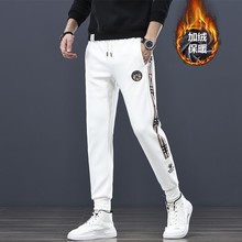 欧洲站秋冬季新款加绒卫裤男韩版修身休闲裤男潮流格纹拼接运动裤