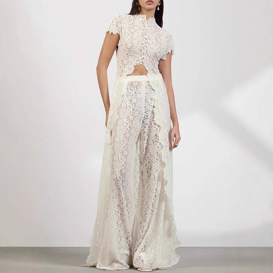 Independent Station Amazon European and American Clothing Lace Pure Color Dress Cut Out Round Neck Fashionable Sleeves Front Slit 8193