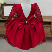 跨境女童长袖蓬蓬公主裙中童儿童礼服蝴蝶结多层蛋糕裙蕾丝