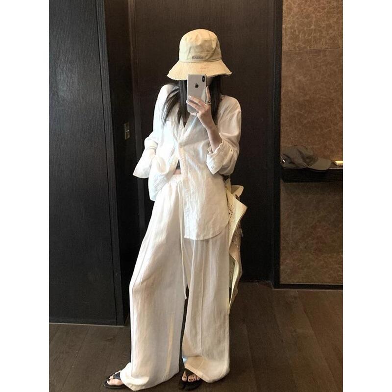 White Linen Old Money Style Shirt for Women, Summer Loose Lazy Relaxed Cardigan, Long-Sleeve Sun-Protective Cotton-Linen Thin Top