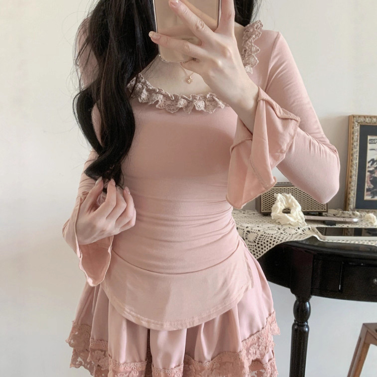 Ins Pure Lust Sexy Lace Trumpet Sleeve Long-Sleeved T-Shirt for Women Autumn and Winter Sexy Women's Slim Bottoming Top Women's Trendy
