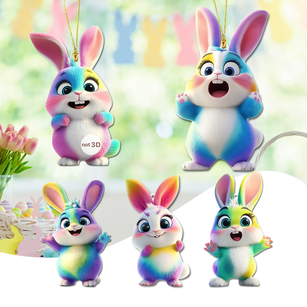 Pascua transfronteriza venta encantadora dibujos animados conejo muñeca decoración colgante acrílico plano arco iris llavero image 1