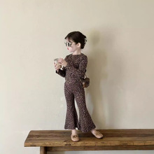女童长袖套装2025春季新品韩版女童豹纹套装儿童长袖两件套装童装