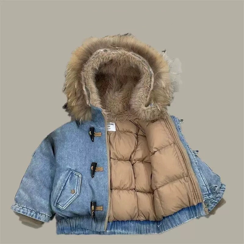 2025 New Boys' Denim down Jacket Stylish Winter Thick Warm Hooded Large Fur Collar Cotton Coat Baby Trendy 2025 New Boys' Denim down Jacket Stylish Winter Thick Warm Hooded Large Fur Collar Cotton Coat Baby Trendy