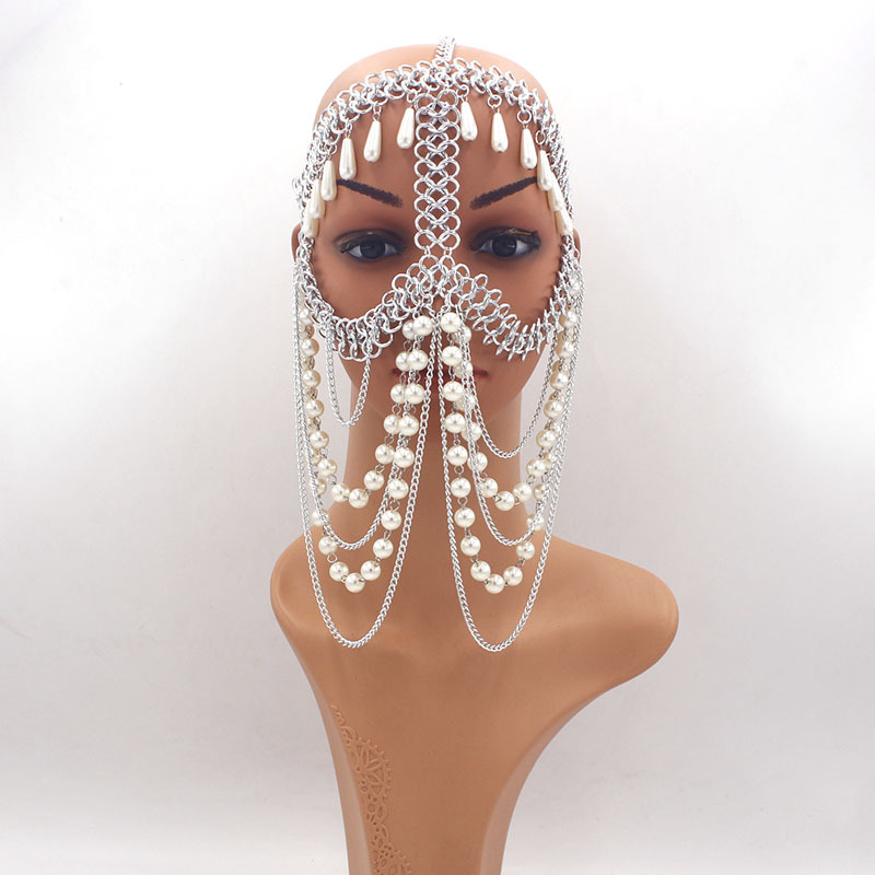 Cross-border Jewelry European and American Exaggerated Halloween Mask Head Chain Women's Water Drops Pearl Handmade Tassel Mask Headwear