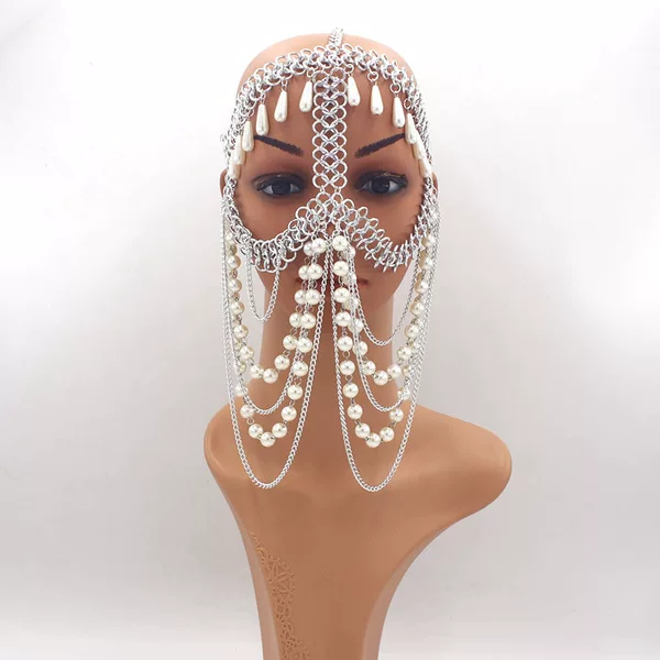 Cross-border Jewelry European and American Exaggerated Halloween Mask Head Chain Women's Water Drops Pearl Handmade Tassel Mask Headwear