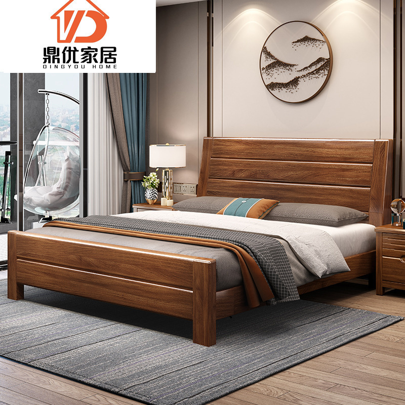 New Chinese Walnut Solid Wood Bed Bedroom Furniture 1.5 m Double 1.8 m Air Pressure High Box Storage Wooden Bed