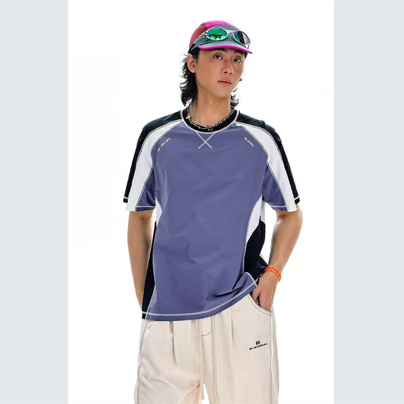 Teenage boys' Hong Kong-style versatile outdoor sports T-shirt, summer men's fashion, unique color-blocking, loose-fitting short-sleeve T-shirt Teenage boys' Hong Kong-style versatile outdoor sports T-shirt, summer men's fashion, unique color-blocking, loose-fitting short-sleeve T-shirt
