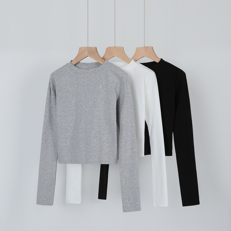 230g American Sexy High-Waisted Short Pure Color Round Neck Slim Bottoming Shirt Autum Work Clothing Right Shoulder Long-Sleeved T-Shirt for Women 230g American Sexy High-Waisted Short Pure Color Round Neck Slim Bottoming Shirt Autum Work Clothing Right Shoulder Long-Sleeved T-Shirt for Women