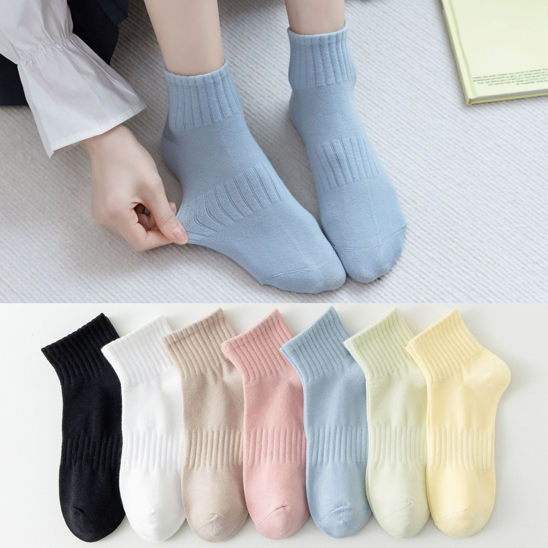 Women's Spring New Product Waist Cinching Mid-Calf Socks Wholesale Macron Color Series Cotton Breathable Women's Socks Zhuji Socks