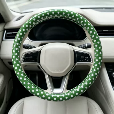 Steering wheel cover — Fashion Steering Wheel Cover - pu-leather-green-base-white-polka-dots-universal-style-38cm