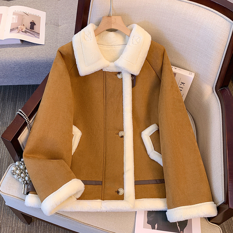 Brown Chanel-Style Lambskin Shearling Jacket for Women, 2025 Autumn and Winter New Thick Fleece Biker Jacket