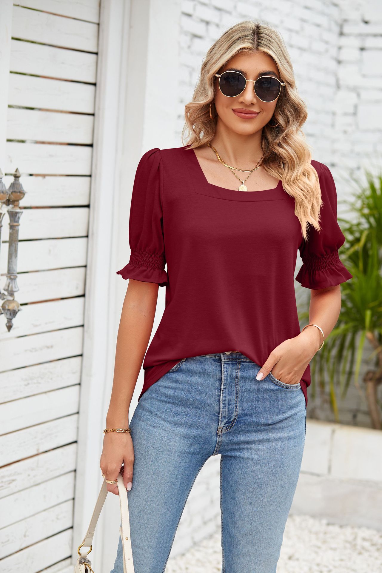 Women's Solid Square Neck Princess Sleeve Short Sleeve Loose T-shirt Top_voghion.com