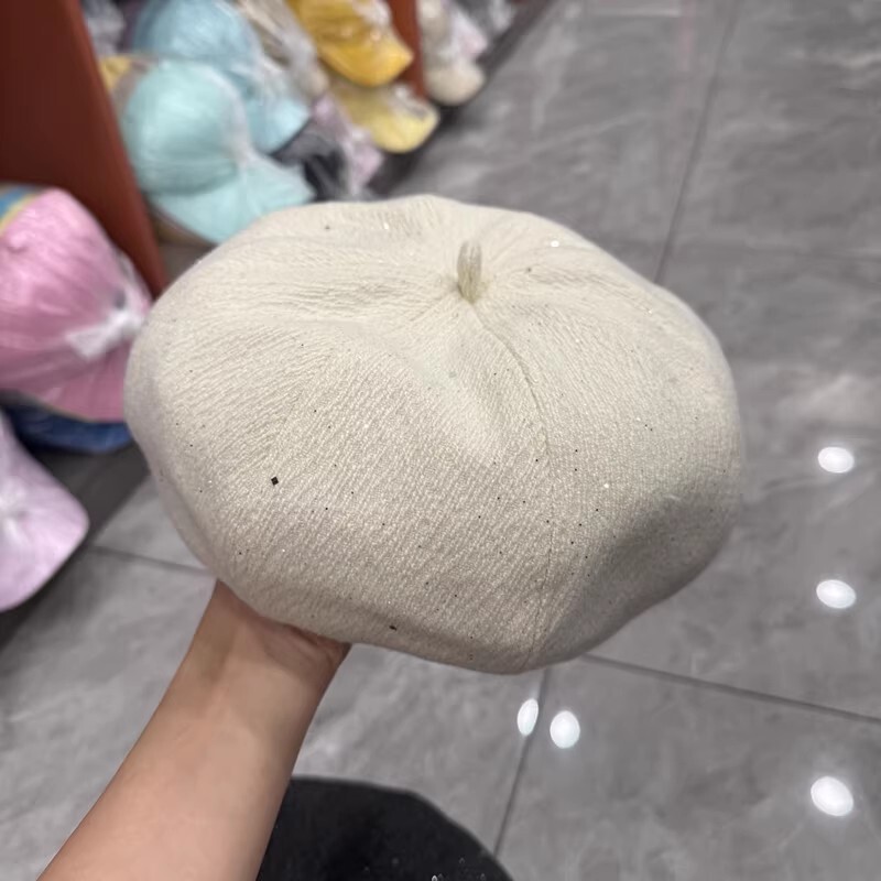 秋冬百搭保暖亮片毛呢贝雷帽子女时尚闪亮显瘦时装帽南瓜帽画家帽|undefined