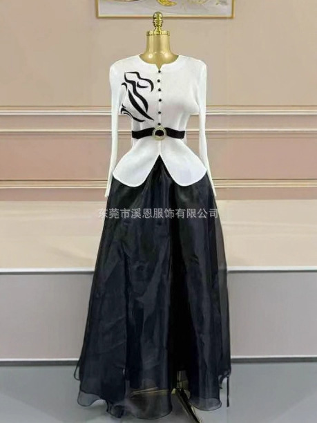 Miyaki新款三宅圆领褶皱长袖女装欧根纱半身长裙礼服两件套大码跨|undefined