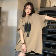 破洞短袖T恤女装春夏季2025新款宽松显瘦百搭大码打底衫上衣服潮