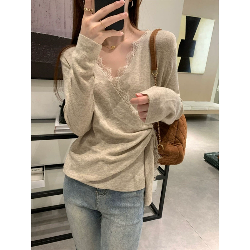 NUNBAI Demi-season lace small design knitted long-sleeve, Korean style, trend of season