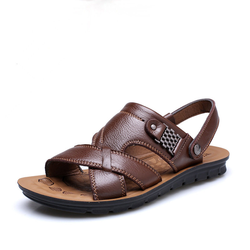 Dép sandal nam quai ngang hở ngón bằng da bò lớp đầu, đế polyurethane, kiểu đi biển size lớn — 12129 màu đen, 12129 vàng nâu, 13082 màu đen, 13082 vàng nâu
