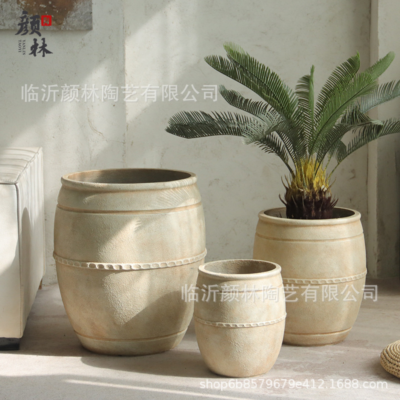 Gran calibre en forma de barril de alto tipo de aterrizaje gran maceta de flores de cemento de viento silencioso hotel centro comercial gran maceta de decoración de plantas verdes