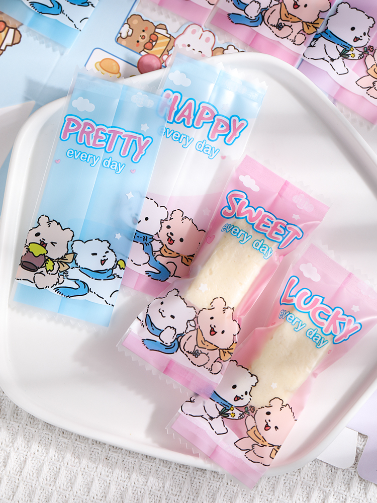 Bolsa de embalaje de nougat, embalaje de toffee, papel de azúcar, bolsas de pastel de leche de mango, sello de máquina transparente, bolsas pequeñas letras esmerizadas