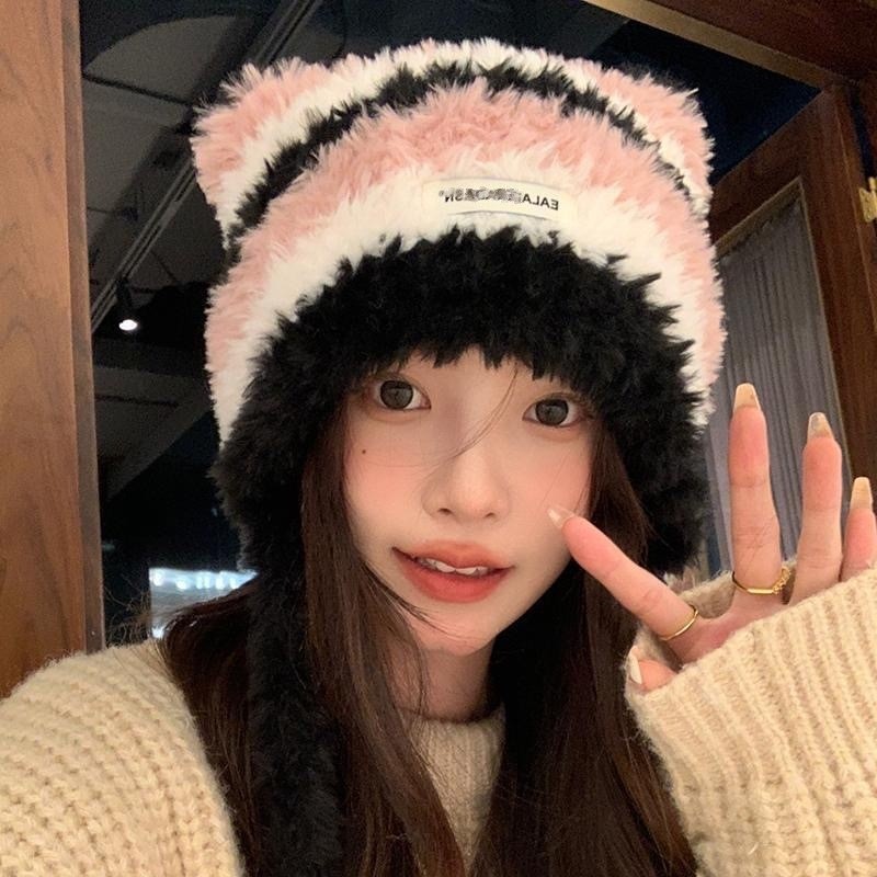民族风帽子条纹拼接针织毛线帽秋冬女加厚保暖防寒护耳套头帽雷锋|undefined
