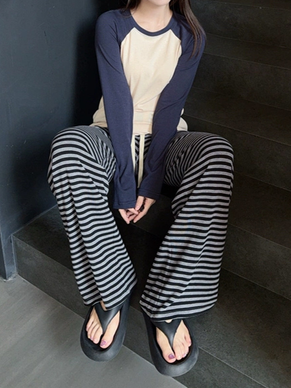 槿一 垂感懒懒裤 条纹慵懒风针织休闲裤女小个子宽松低腰长裤百搭|undefined