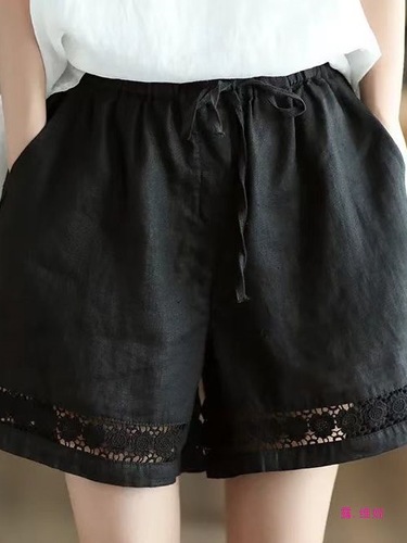 Summer thin linen shorts for women, retro lace frill elastic waist casual pants, loose versatile wide-leg cotton linen pants 