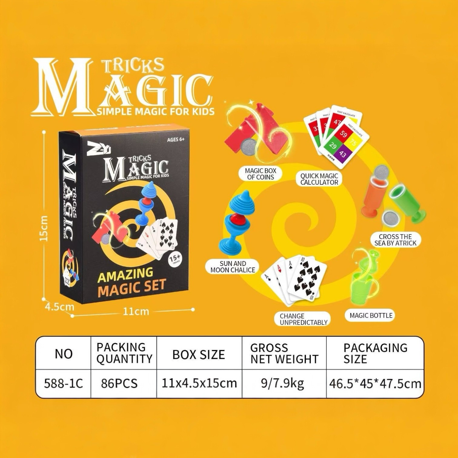 마술 소품 6종(노란색 영어 색상 상자)