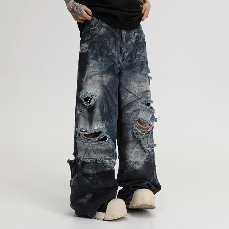 American High Street Style Ink-Printed Ripped Jeans for Men and Women, Summer 2025 New Heavy-Duty Washed Cool Street-Style Wide-Leg Pants