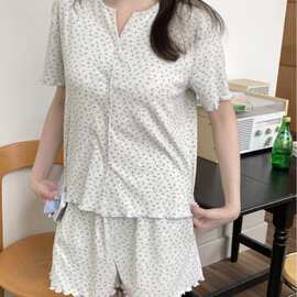 韩国ins女士夏季新品韩系舒适短袖小碎花家居服睡衣套装带胸垫女