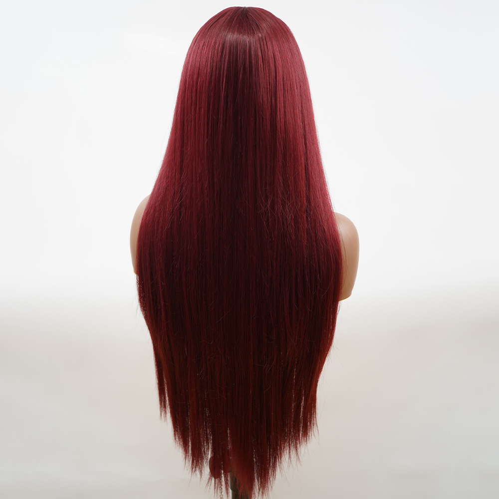 Parrucca in fibra chimica all'ingrosso della fabbrica copricapo filo ad alta temperatura 99J bordeaux frangia d'aria meccanismo di capelli lunghi lisci parrucche con riga centrale_voghion.com