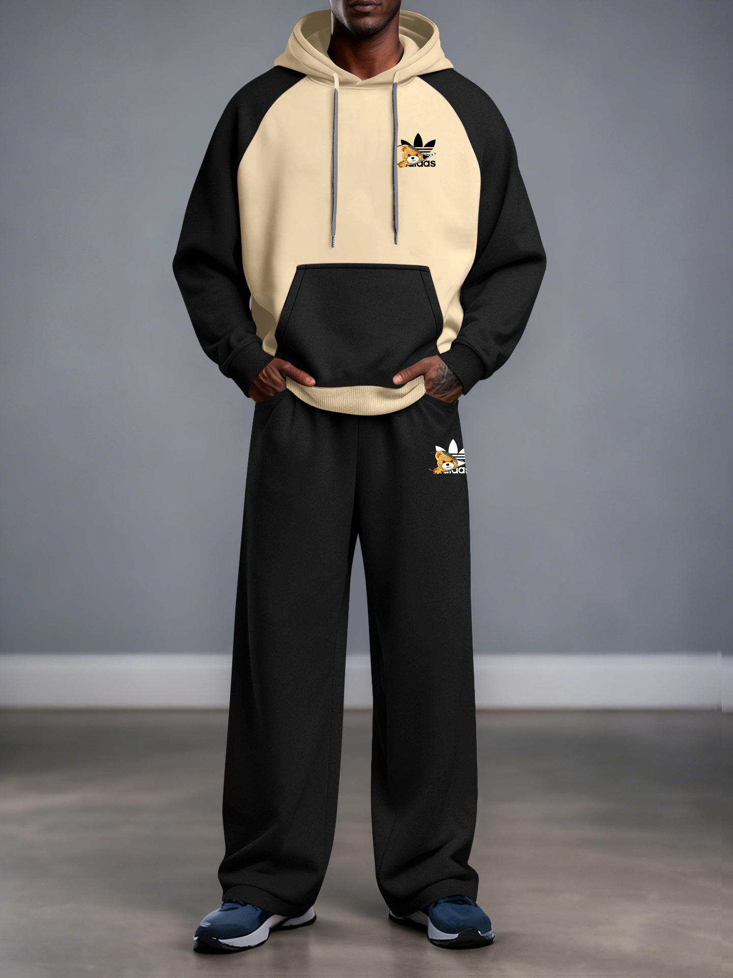 Transfronterizo primavera / otoño / invierno AD juvenil hombro mosaico con capuchón de vello suelto chaqueta rectas pantalones casuales conjunto versátil