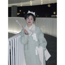 绿色蝴蝶结毛呢外套女秋冬甜美加厚小个子中长款甜美淑女呢子大衣