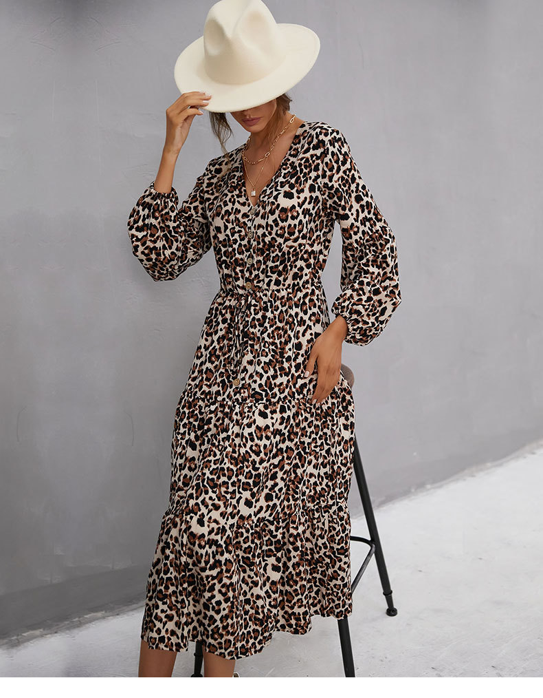 otoño mujer con cuello en v estampado de leopardo con volantes vestido de longitud media nihaostyles ropa al por mayor NSDMB79790