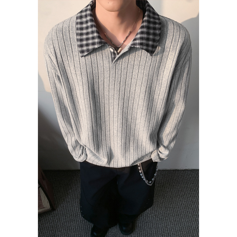 Korean-style Plaid Turn-down Collar Long-sleeve T-shirt For Men, Spring Cleanfit Youthful Look, American-style_voghion.com