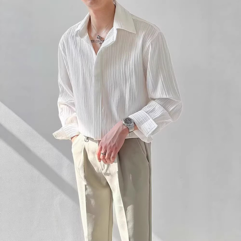Korean-Style Loose Pleated Long-Sleeve Shirt for Men, Trendy Ins-Style Spring Niche High-End Casual Mature Style Shirt