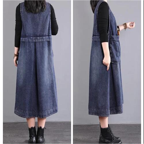Large size denim vest dress, medium and long spring dress, Korean trend and fashionable large pocket horse clip strap dress