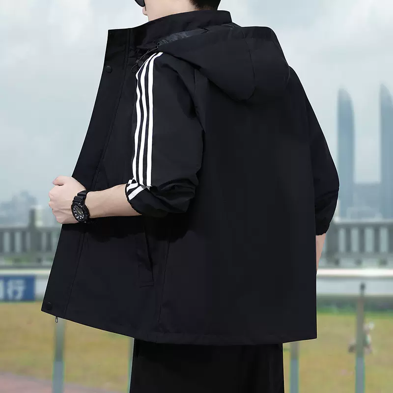 潮流3杆外套男春秋季休闲连帽运动夹克新款潮牌青少年夹克外套