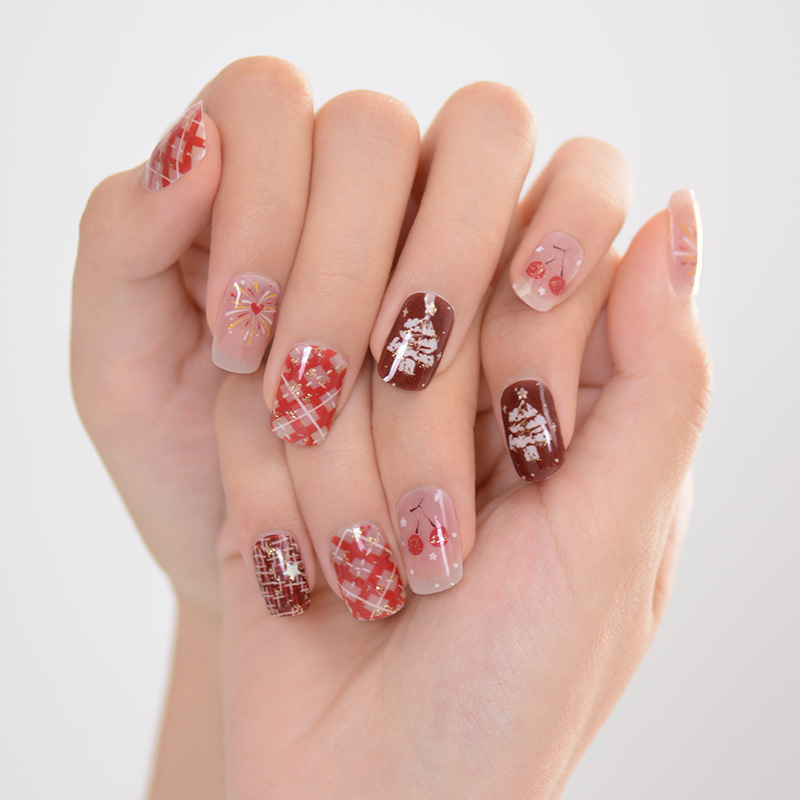 Cross-Border Hot Selling New Product Red Cherry Plaid Gel Nail Stickers Christmas Tree Holiday Decoration Uv Gel Nail Stickers