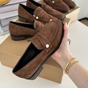 In stock and fast delivery! Retro British style suede versatile small gold buckle loafers women's chunky heel round toe slip-on shoes