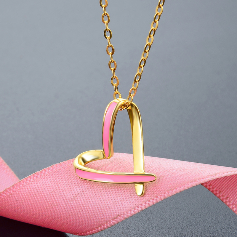 Japón y Corea del Sur simple colgante rosa goteo de aceite en forma de corazón collar de clavícula S925 plata dorada dulce collar de amor romántico para mujeres