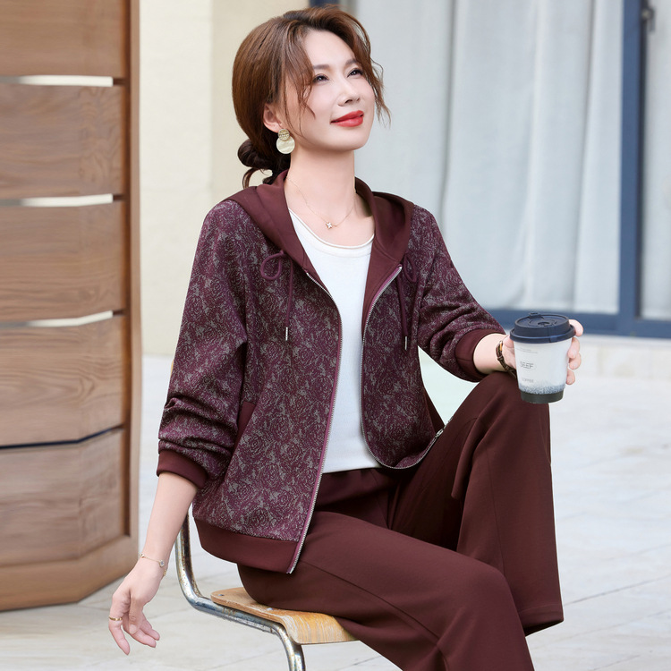 秋季新款气质优雅中老年女装两件套妈妈装时尚休闲连帽运动服套装|undefined