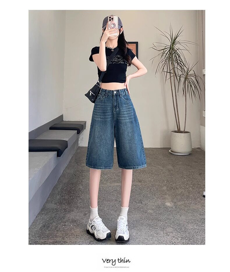 Quần short jean nữ lưng cao 5 phân kiểu Mỹ dáng suông rộng — Màu xanh - Quần lửng chi tiết 13