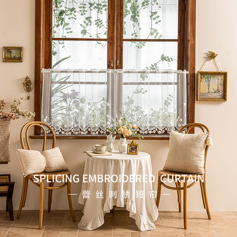 Embroidered Lace Fabric Curtain with Rod, Short Curtain with a Hazy, Light-Transmitting Feel, Embroidered Lace with Built-In Holes, Door Curtain