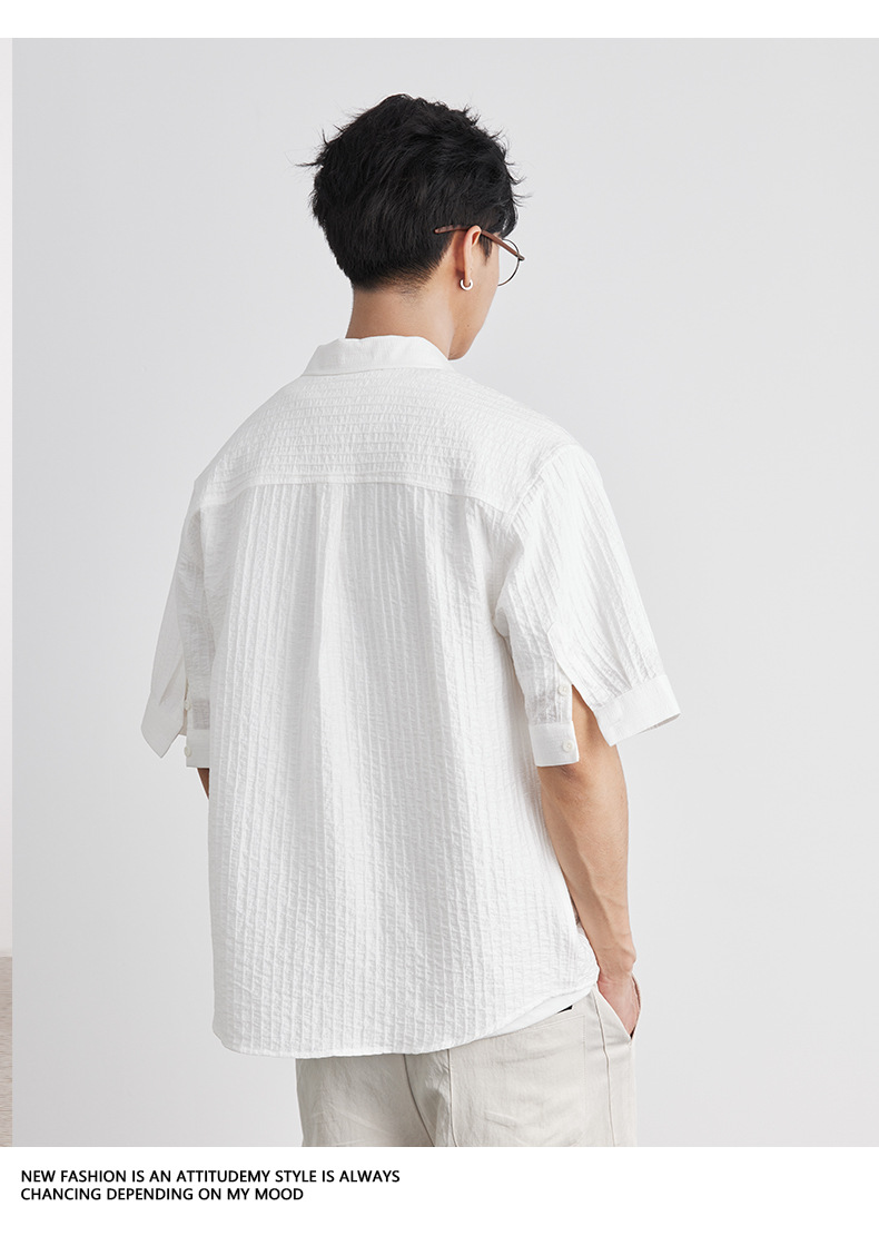 Áo sơ mi nam tay ngắn Tencel dáng rộng phong cách Pháp, không cần là ủi — Màu trắng chi tiết 21