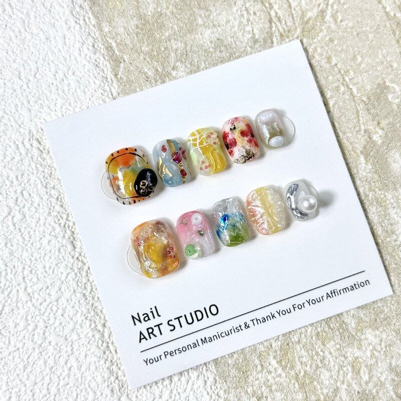 【Independent】Multi-Color Mixed and Matched Unique Niche Design Ins-Style Handmade Wearable Nails Short Square Round Manicure