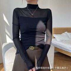 春秋季镂空洋气修身显瘦长袖T恤内搭上衣半高领网纱气质打底衫女