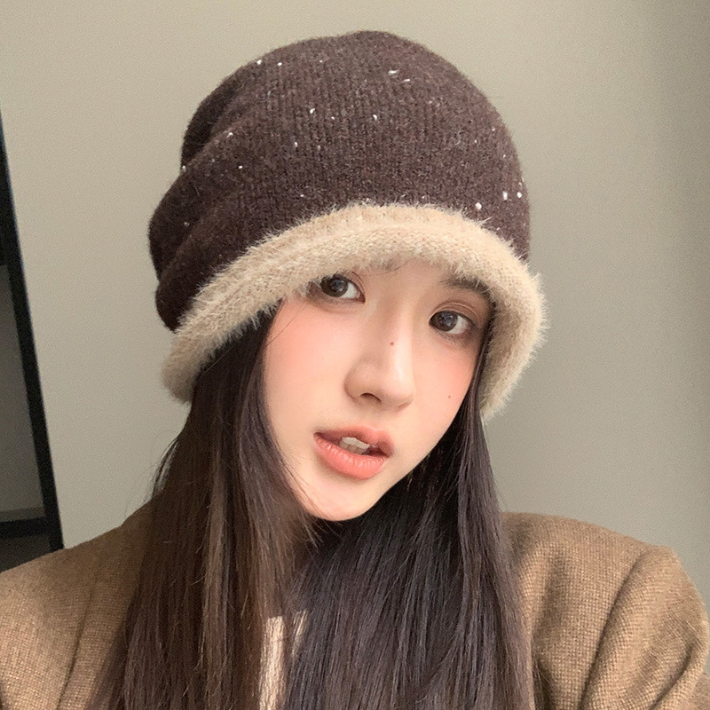韩系秋冬季大头围针织毛绒冷帽显脸小氛围感堆堆帽保暖护耳套头帽|undefined