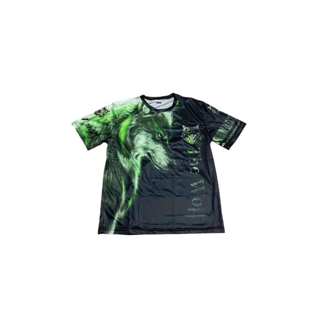 Eslóganes de lobo transfronterizo de AliExpress de Europa y América estampados en 3D Personalidad de la calle principal de los hombres Camiseta suelta de manga corta con cuello redondo