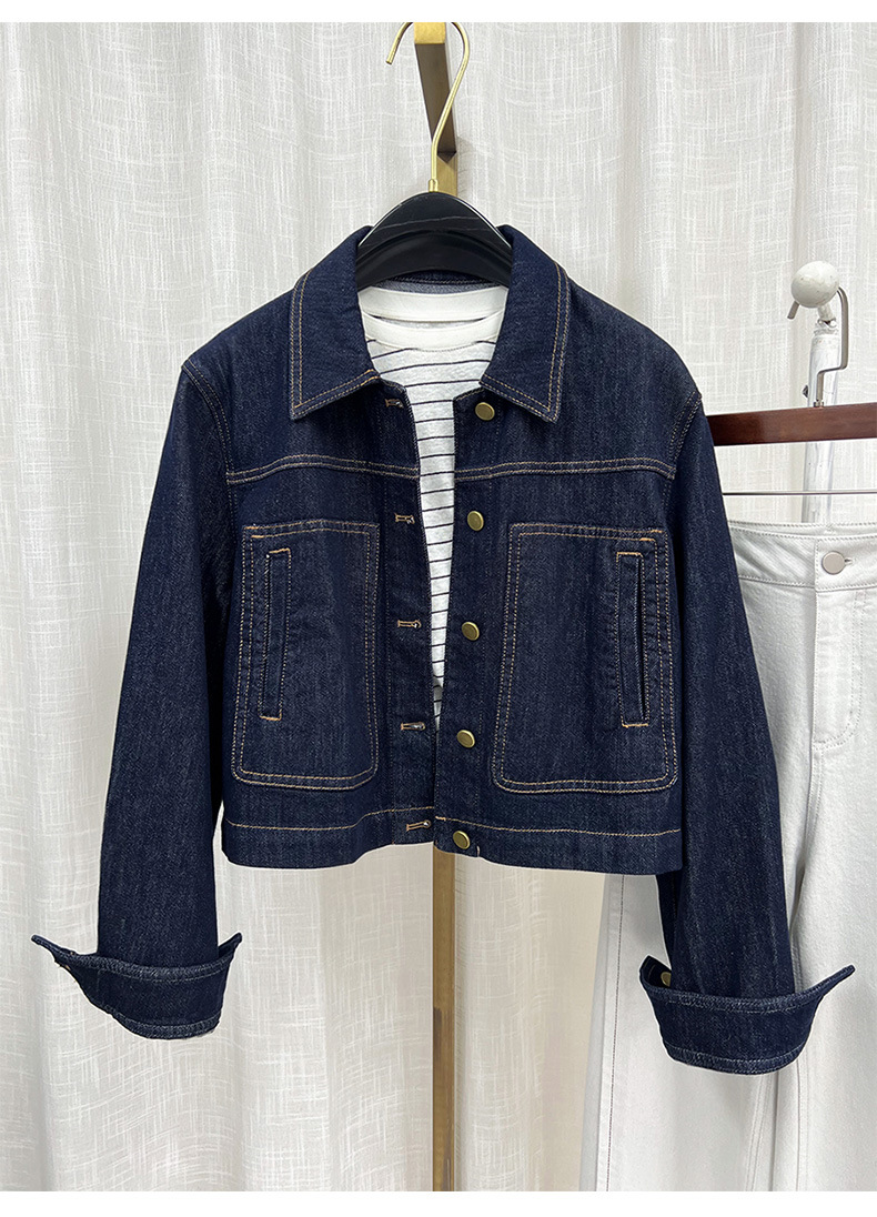 Áo khoác denim nữ phong cách cổ điển tay trễ vai dáng ngắn — màu xanh chi tiết 3